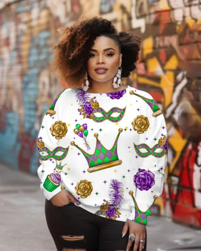 Women's Plus Size Mardi Gras Mask Print Long Sleeve Crewneck Sweatshirt sold by Biggmans
