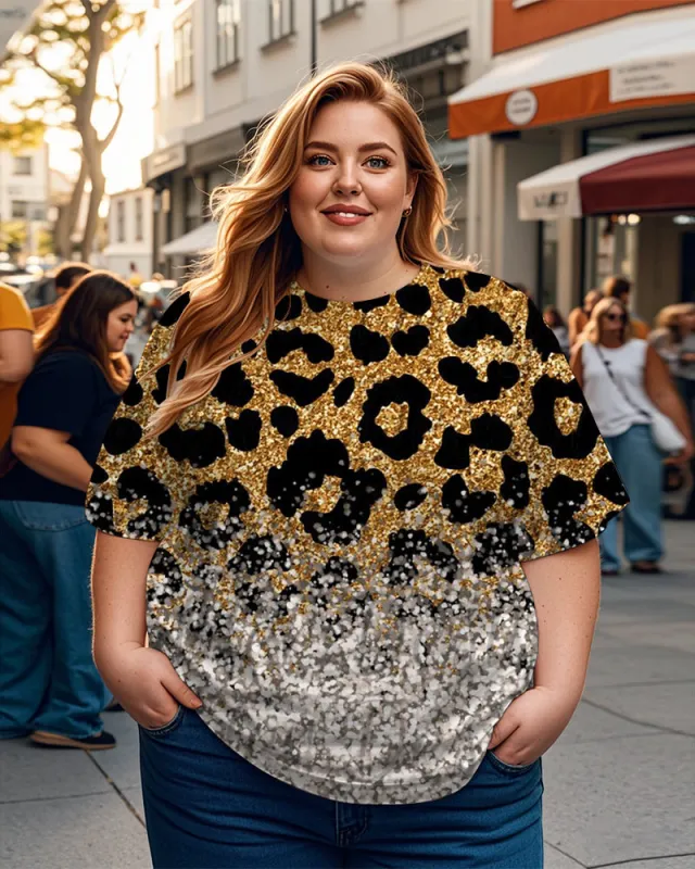 Women's Plus Size Shiny Gradient Leopard Print Round Neck Short Sleeve T-Shirt sold by Biggmans
