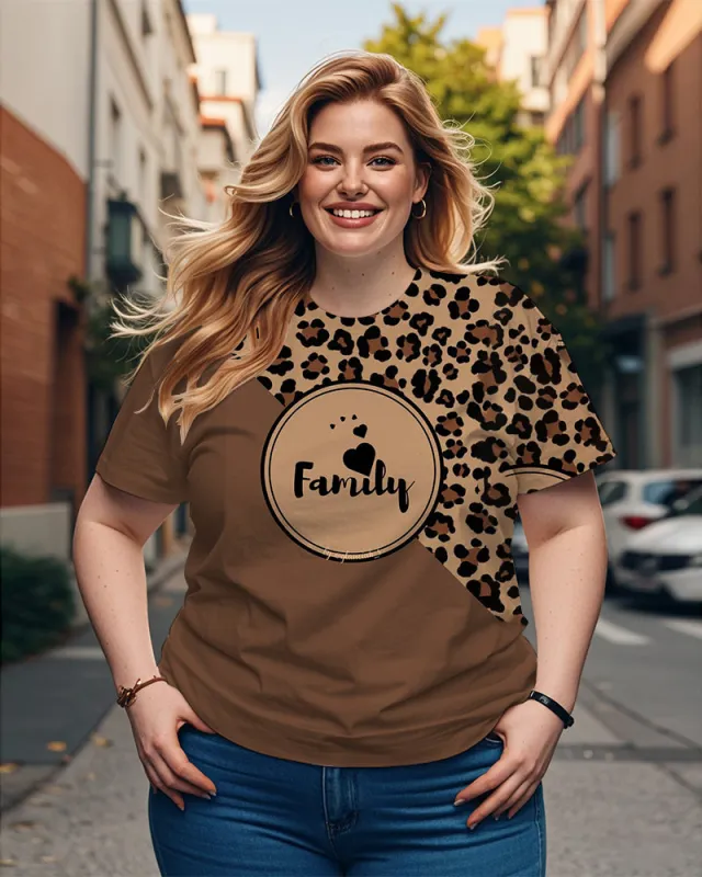 Women's Plus Size Family Leopard Print Round Neck Short Sleeve T-Shirt sold by Biggmans