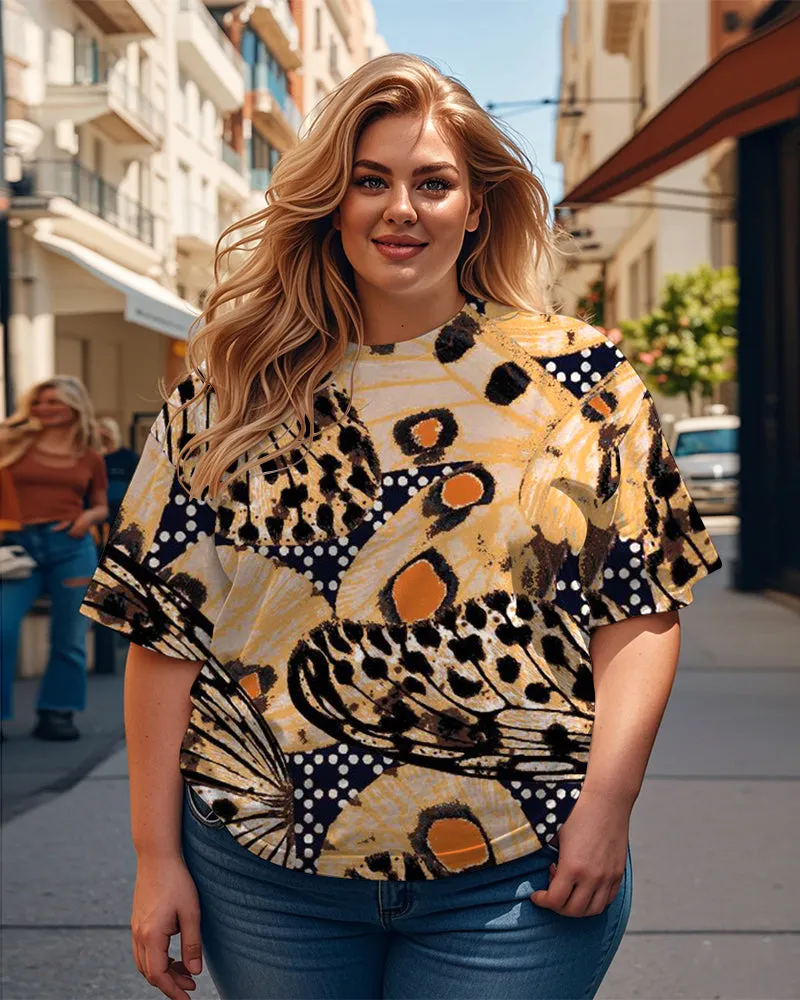Women's Plus Size Butterfly Leopard Print Round Neck Short Sleeve T-Shirt sold by Biggmans