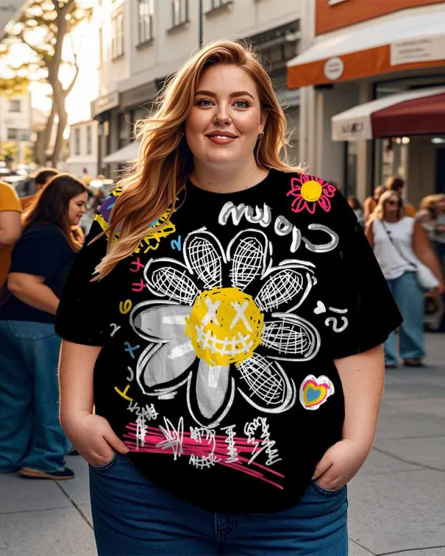 Women's Plus Size Graffiti Sunflower Round Neck Short Sleeve T-Shirt sold by Biggmans