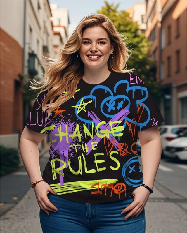 Women's Plus Size Graffiti Print Round Neck Short Sleeve T-Shirt sold by Biggmans