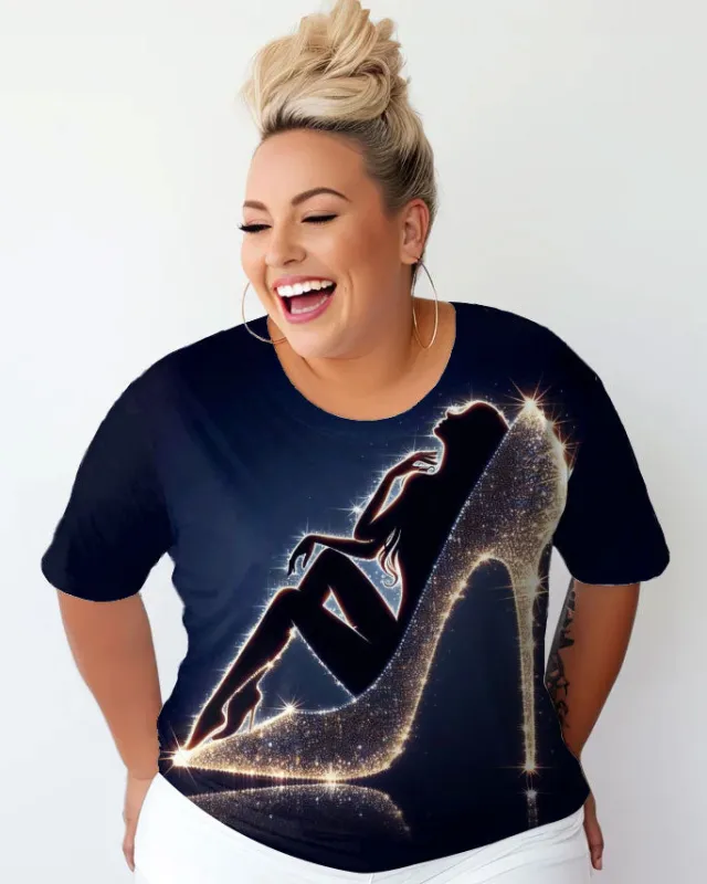 Women's Plus Size Crystal High Heels Round Neck Short Sleeve T-Shirt sold by Biggmans