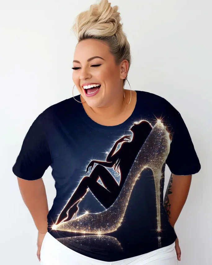 Women's Plus Size Crystal High Heels Round Neck Short Sleeve T-Shirt sold by Biggmans
