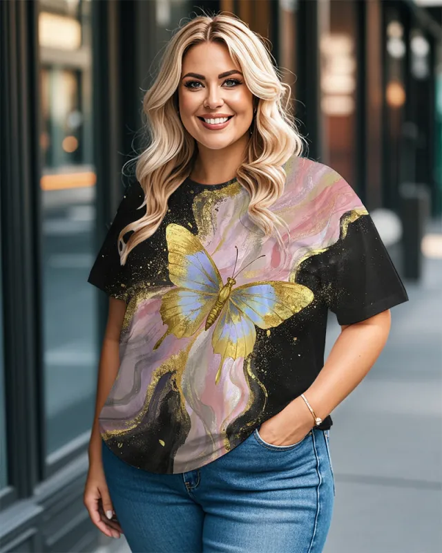 Women's Plus Size Pink Butterfly Abstract Texture Print Round Neck Short Sleeve Tee made by Biggmans