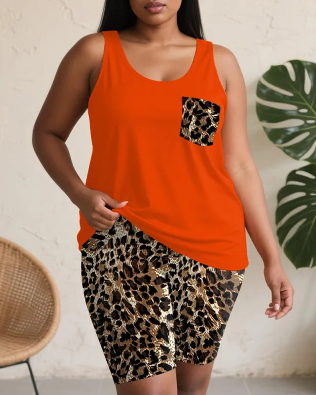 Women's Plus Size Daily Casual Orange Leopard Print Pocket Vest Shorts Suit made by Biggmans