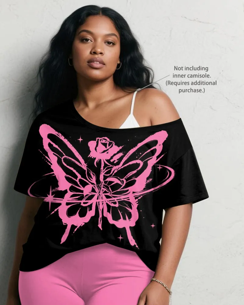 Women's Plus Size Pink Rose Butterfly Print Short Sleeve Shorts Suit sold by Biggmans product image thumbnail 3