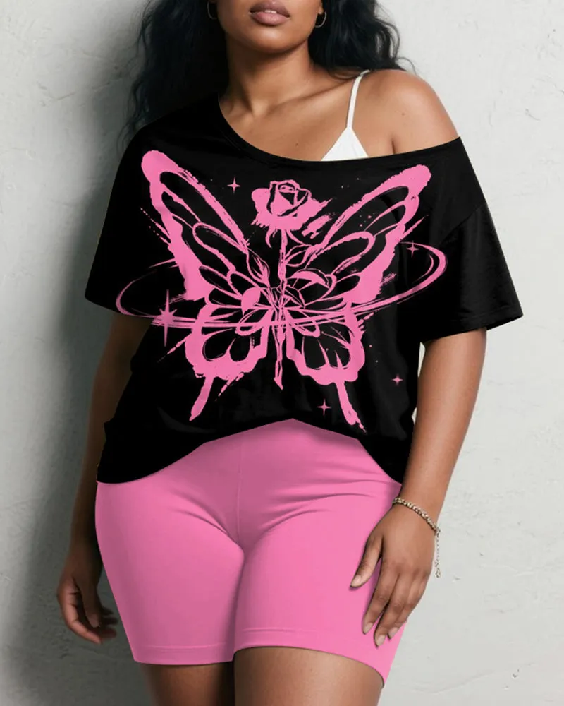 Women's Plus Size Pink Rose Butterfly Print Short Sleeve Shorts Suit sold by Biggmans