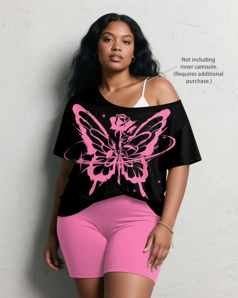 Women's Plus Size Pink Rose Butterfly Print Short Sleeve Shorts Suit sold by Biggmans product image thumbnail 2