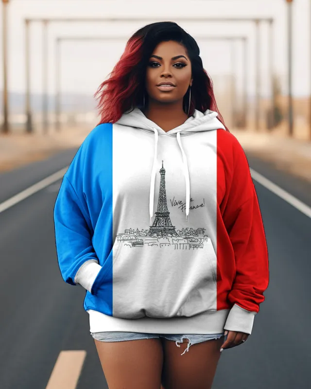 Women's Plus Size Red White and Blue Eiffel Tower Long Sleeve Hoodie sold by Biggmans