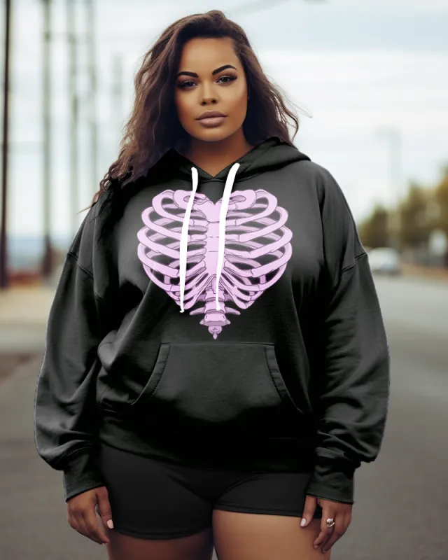 Women's Plus Size Heart Skull Long Sleeve Hoodie sold by Biggmans