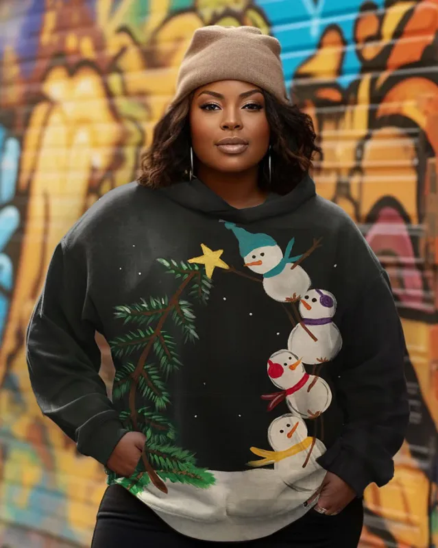 Women's Plus Christmas Fun Snowman Picking Up Stars Long Sleeve Hoodie sold by Biggmans