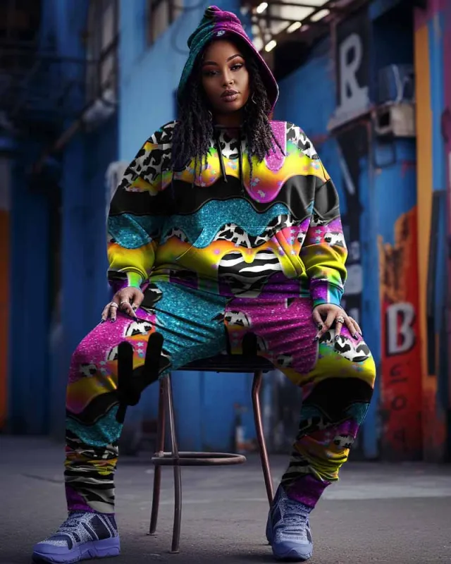 Women's Plus Size Colorful Milk Leopard Graffiti Hoodie Set sold by Biggmans