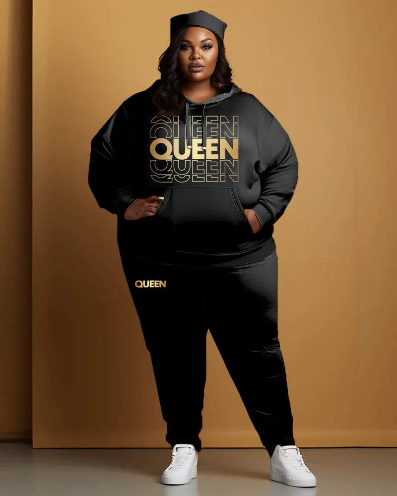 Women's Large Size Simple Style Art Letter Queen Hoodie and Sweatpants Set sold by Biggmans