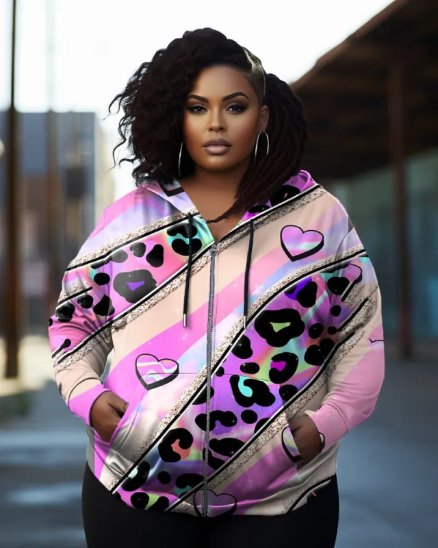 Women's Plus Size Graffiti Leopard Heart Long Sleeve Zip Hoodie sold by Biggmans