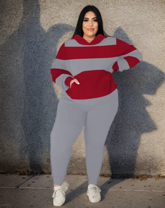 Women's Plus Size Big Red and Gray Stripes Hoodie Set sold by Biggmans