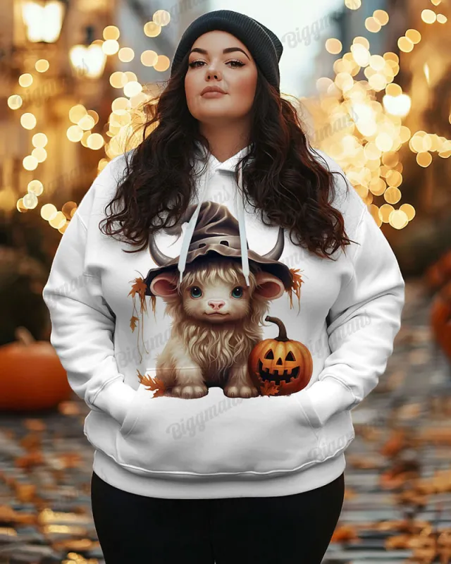 Women's Plus Halloween Cute Cow Print Long Sleeve Hoodie sold by Biggmans