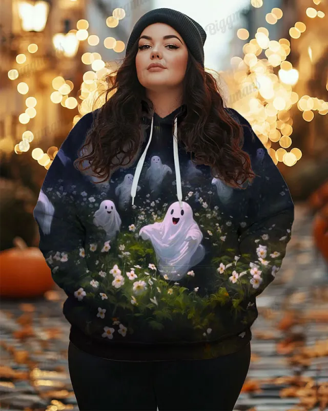 Women's Plus Cute Running Ghost Print Long Sleeve Hoodie sold by Biggmans