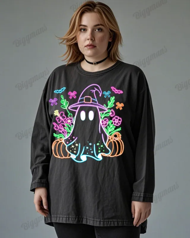 Cute Ghost Print Wash Cotton Round Neck Long Sleeve Plus Size Top sold by Biggmans