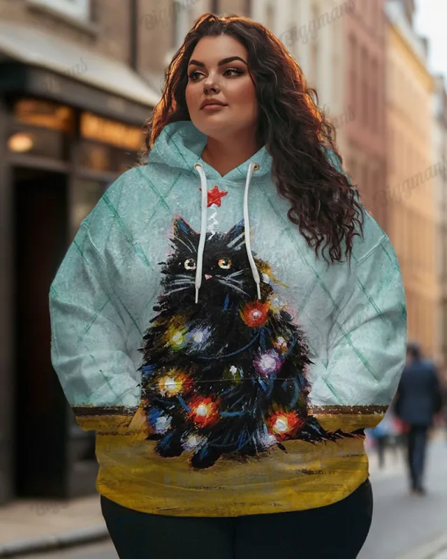 Women's Plus Fashion Colorful Lanterns Cat Print Long Sleeve Hoodie sold by Biggmans