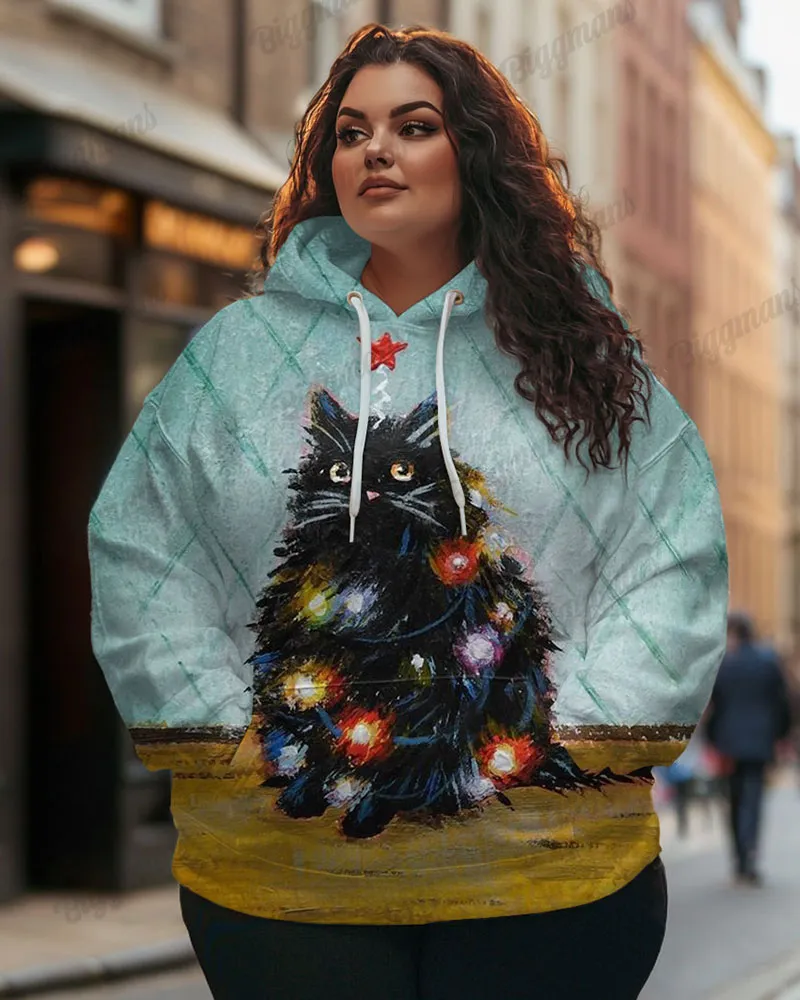 Women's Plus Fashion Colorful Lanterns Cat Print Long Sleeve Hoodie sold by Biggmans