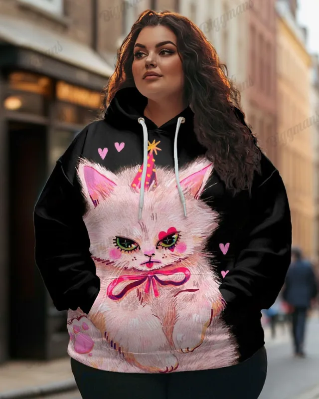 Women's Plus Fashion Cute Pink Cat Print Long Sleeve Hoodie sold by Biggmans