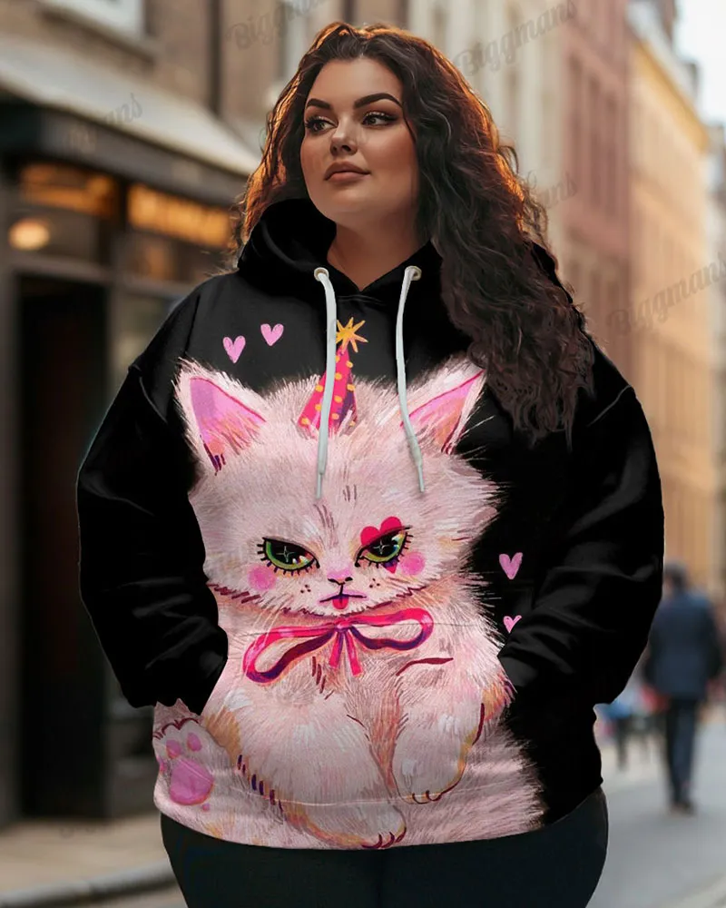 Women's Plus Fashion Cute Pink Cat Print Long Sleeve Hoodie sold by Biggmans