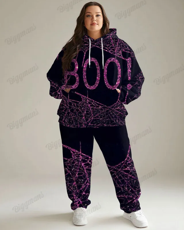 Women's Casual Daily Shiny Spider Web BOO Print Plus Size Hoodie Suit sold by Biggmans