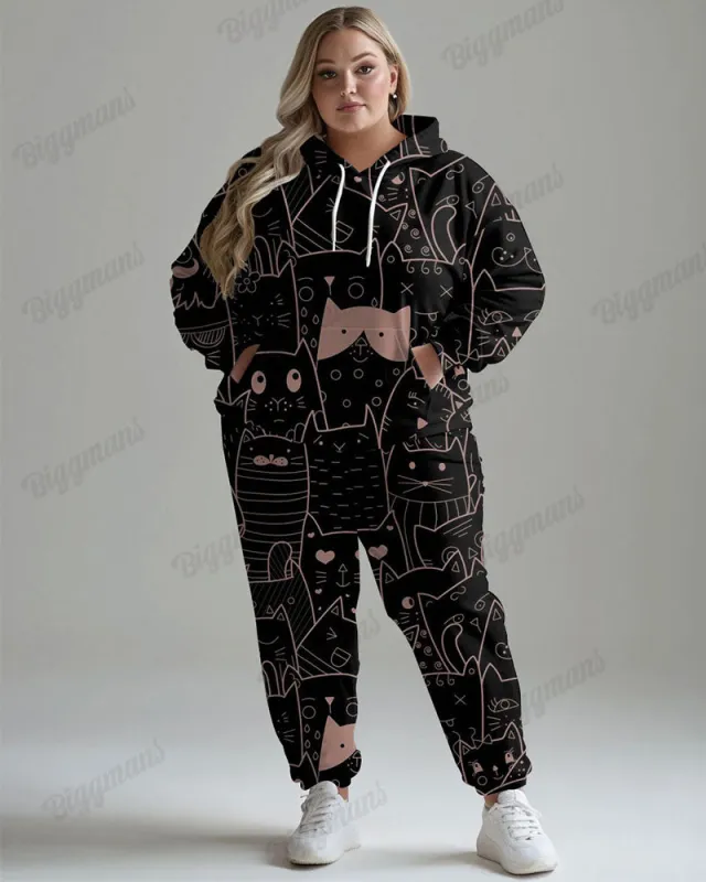 Women's Casual Daily Cute Cat Print Plus Size Hoodie Suit sold by Biggmans