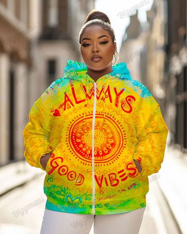 Women's Plus Vintage Tie Dye Always Good Vibes Print Long-sleeved Zipper Hoodie sold by Biggmans