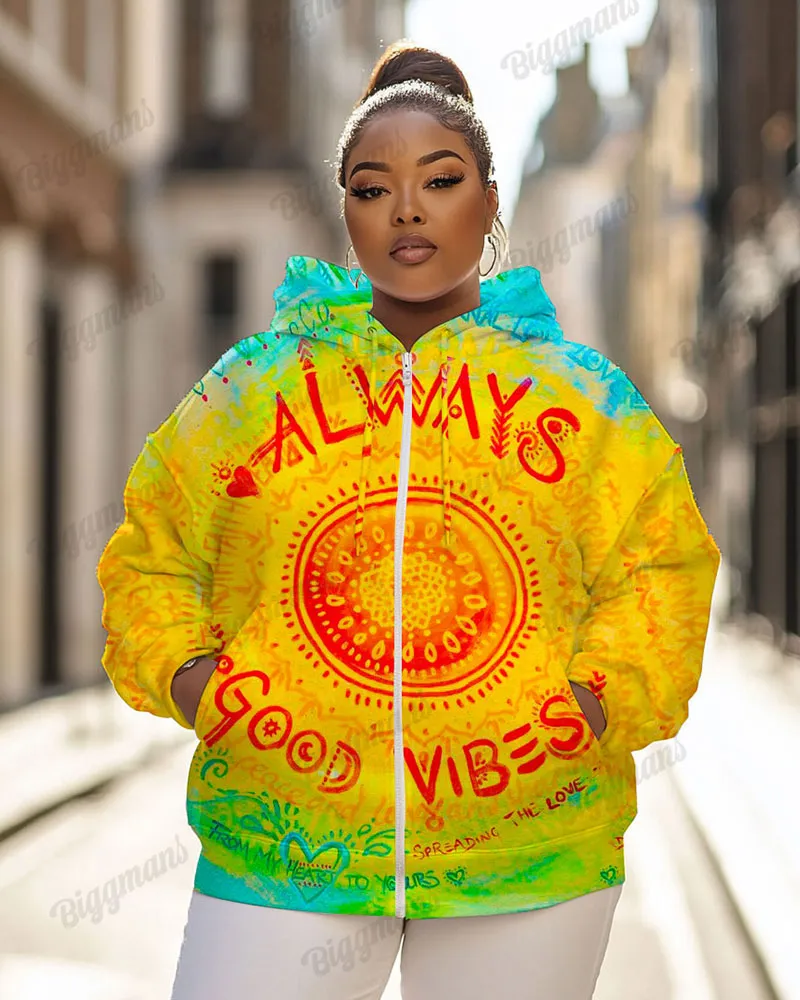 Women's Plus Vintage Tie Dye Always Good Vibes Print Long-sleeved Zipper Hoodie sold by Biggmans