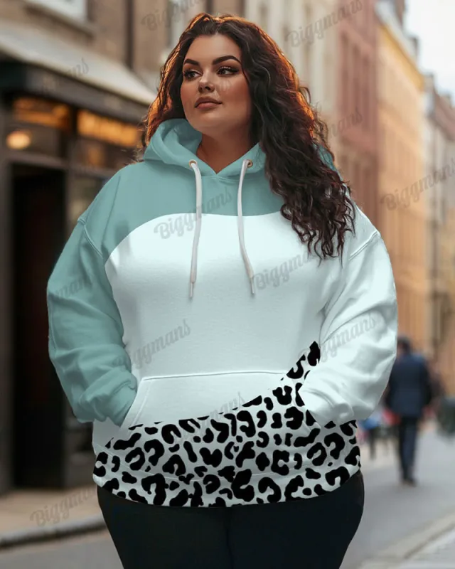 Women's Plus Casual Colorblock Leopard Print Long-sleeved Hoodie sold by Biggmans