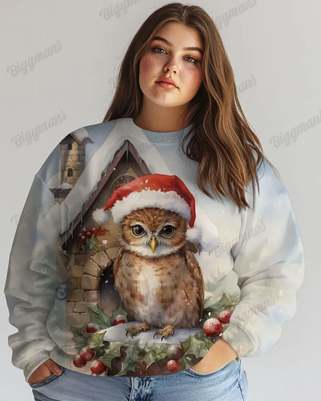 Plus Size Christmas Owl Painting Print Casual Long Sleeve Sweatshirt sold by Biggmans