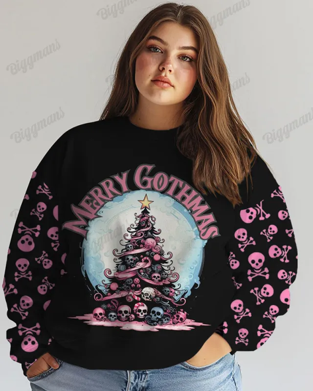 Plus Size Merry Gothmas Skull Christmas Tree Print Casual Long Sleeve Sweatshirt sold by Biggmans
