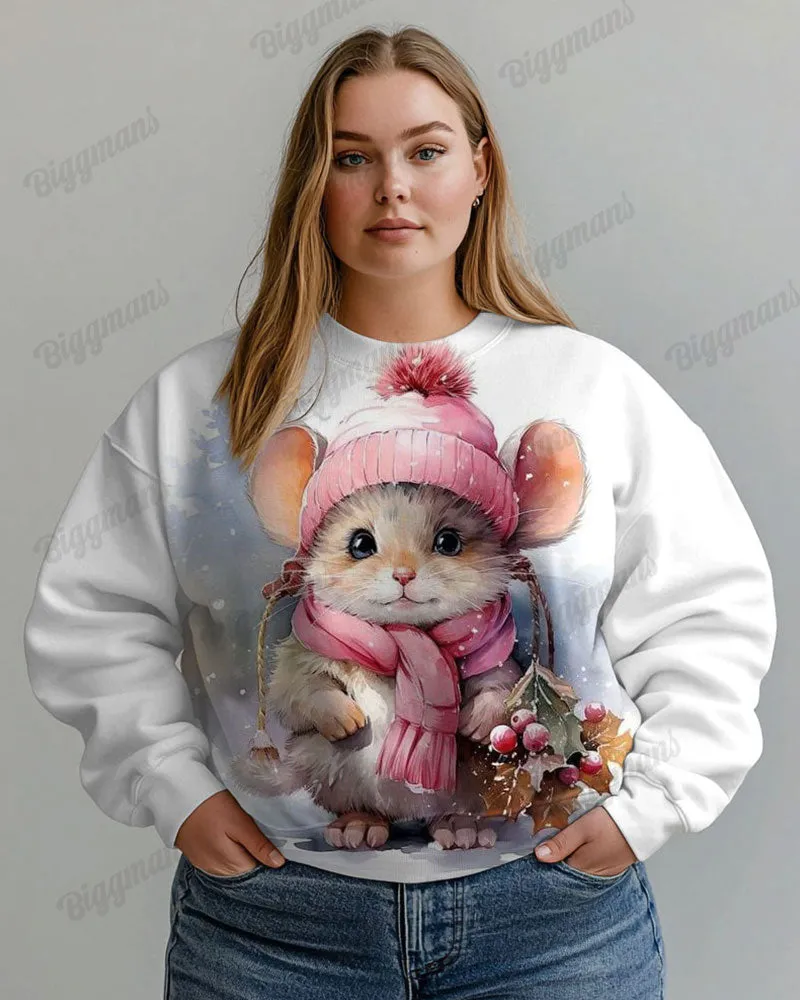 Plus Size Vintage Winter Hamster Print Casual Long Sleeve Sweatshirt sold by Biggmans