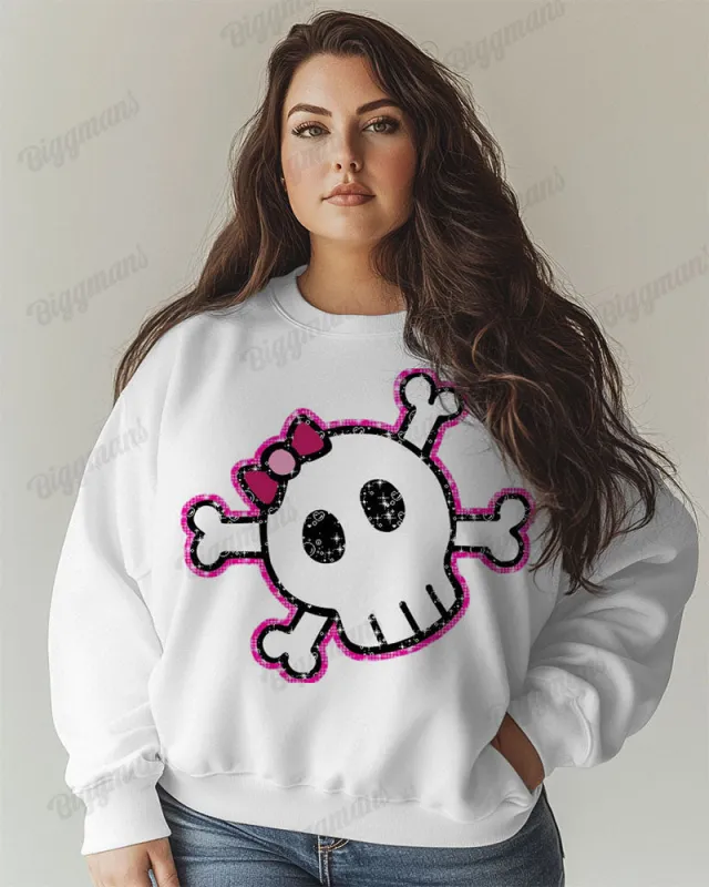 Plus Size Cute Bow Skull Print Casual Long Sleeve Sweatshirt sold by Biggmans