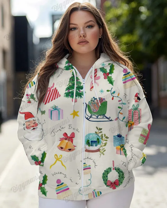 Women's Plus Christmas Pattern Print Long-sleeved Zipper Hoodie sold by Biggmans