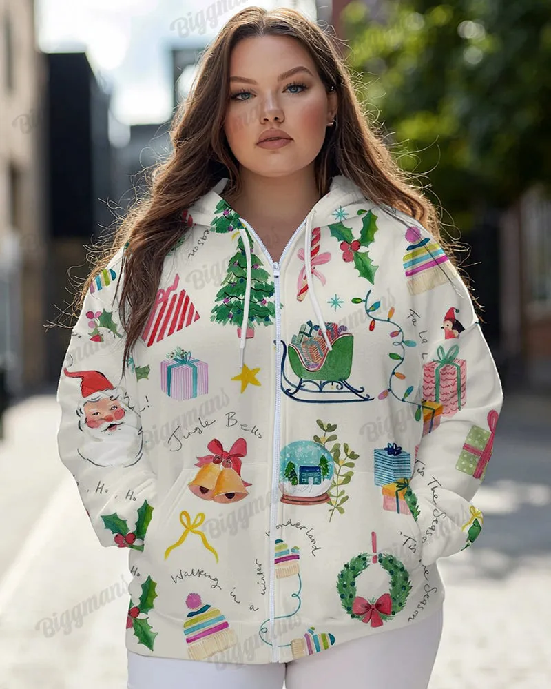 Women's Plus Christmas Pattern Print Long-sleeved Zipper Hoodie sold by Biggmans