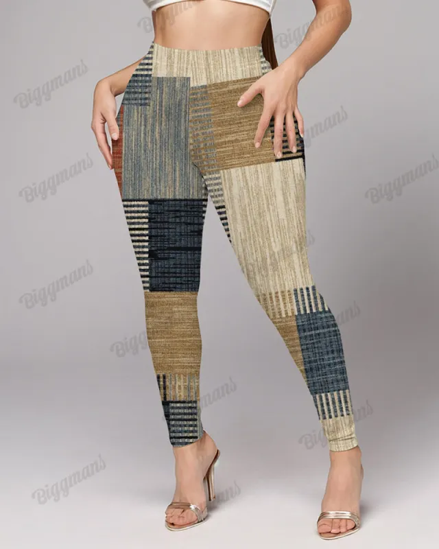 Plus Size Women's Retro Colorblock Texture Print Skinny Leggings sold by Biggmans