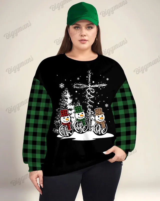 Women's Plus Size Faith Hope Love Snowman Plaid Print Long Sleeve Sweatshirt sold by Biggmans