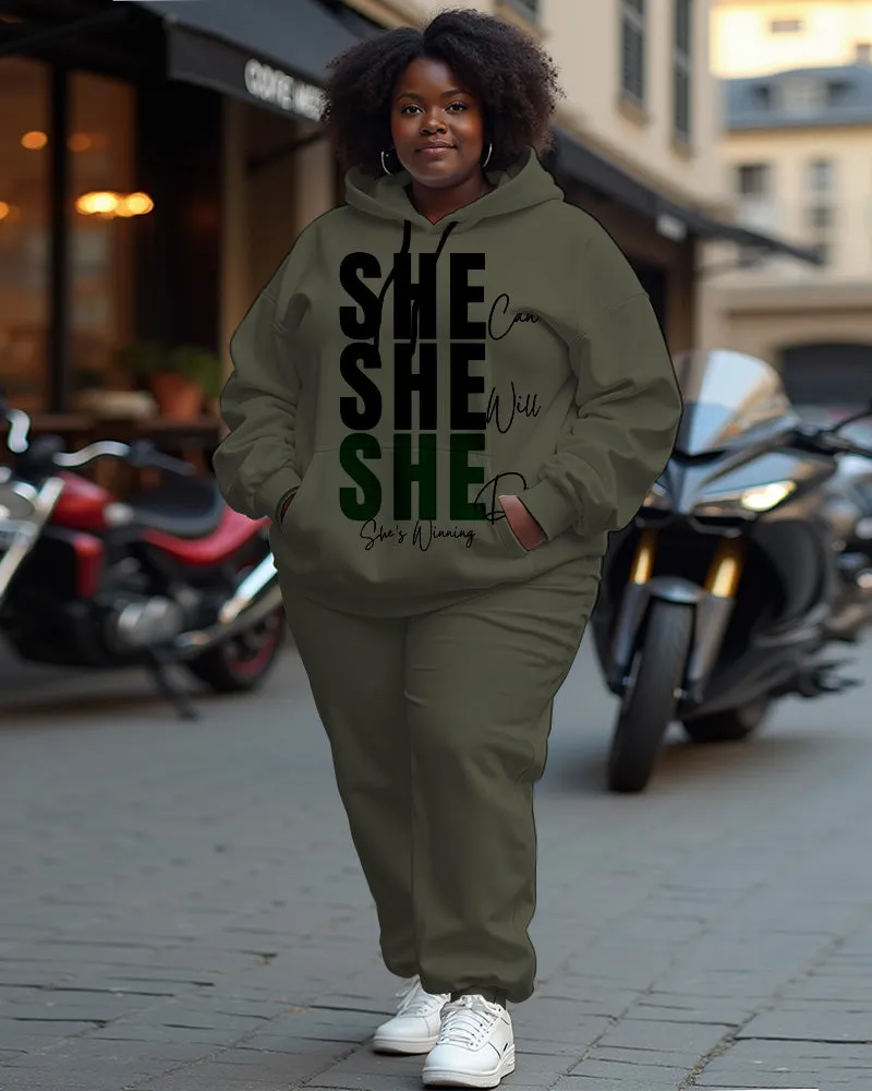 Women's Plus Size She Letter Long Sleeve Hoodie and Casual Pants Set sold by Biggmans