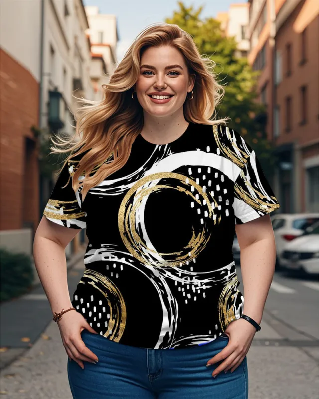 Women's Plus Size Circular Graffiti Round Neck Short Sleeve T-Shirt sold by Biggmans