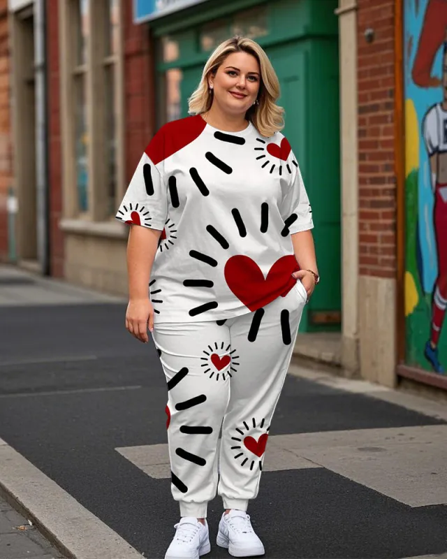Women's Plus Size Graffiti Heart Print T-Shirt and Print Trousers Suit sold by Biggmans