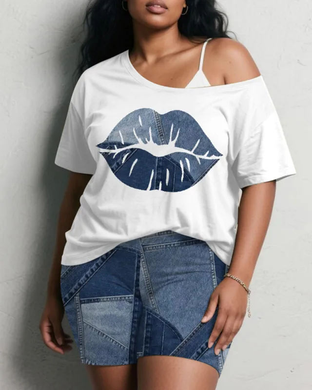 Women's Plus Size Daily Casual Lips Denim Print Short Sleeve Shorts Suit sold by Biggmans