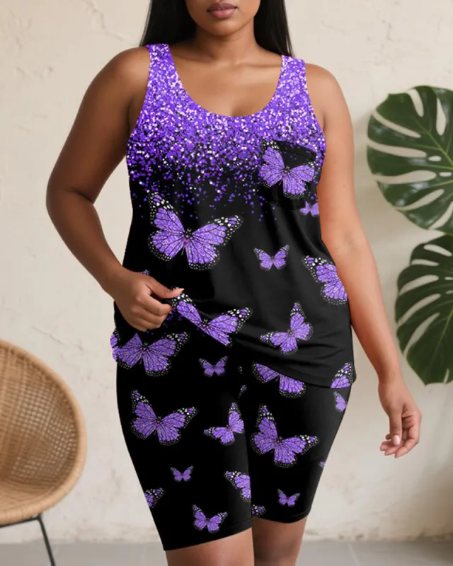 Women's Plus Size Daily Casual Purple Gradient Butterfly Print Pocket Vest Shorts Suit sold by Biggmans