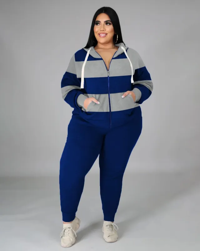 Women's Plus Size 2 Piece Tracksuit Stripe Zipper Hoodie and Pants Set sold by Biggmans