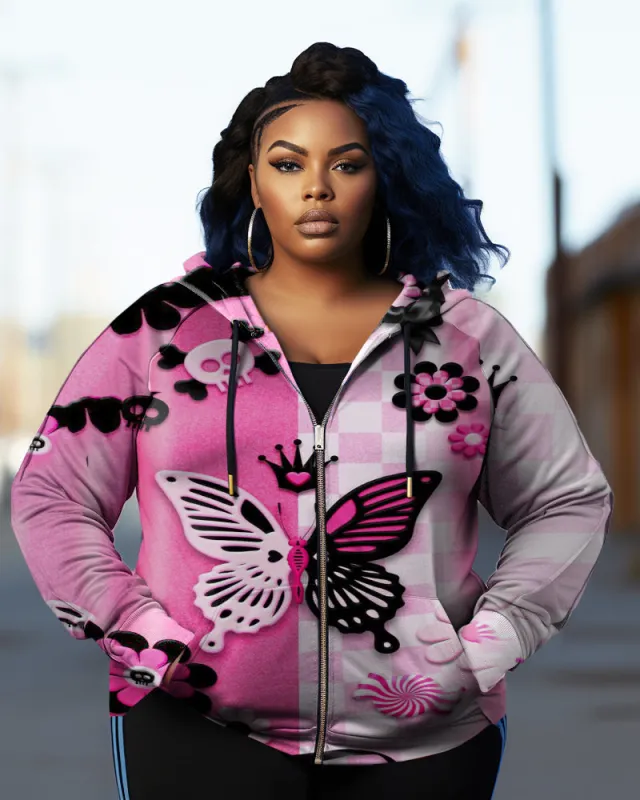 Women's Plus Size Color Block Butterfly Long Sleeve Zip Up Hoodie sold by Biggmans