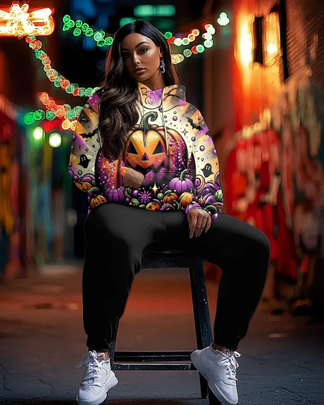 Colorful Halloween Pumpkin Print Hoodie Plus Size Set sold by Biggmans