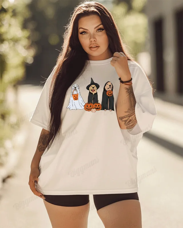 Women's Halloween Dog Ghost Print Loose Short Sleeve T-shirt sold by Biggmans