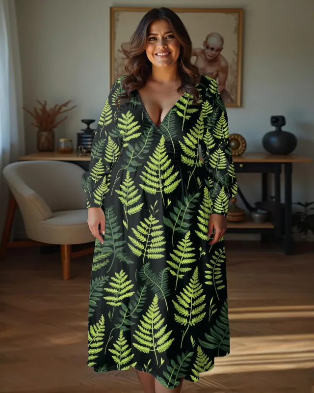 Plus Size Women Casual Elegant Green Forest Leaves Print Wrap Midi Dress sold by Biggmans